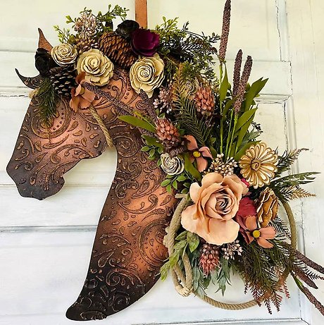 Leather Look Wood Flower Horse Head Wall Art Door Wreath